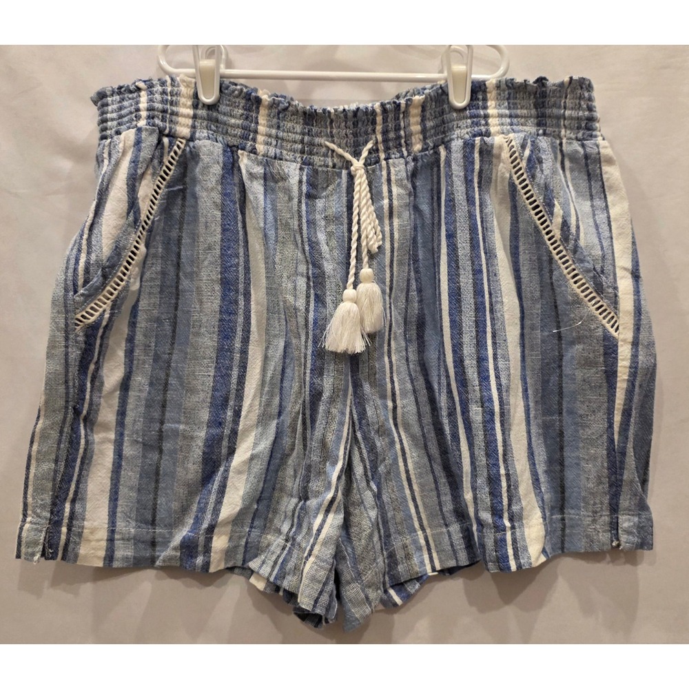 Briggs Women Blue White Striped Linen Blend Smocked Waist Tassel Shorts XL